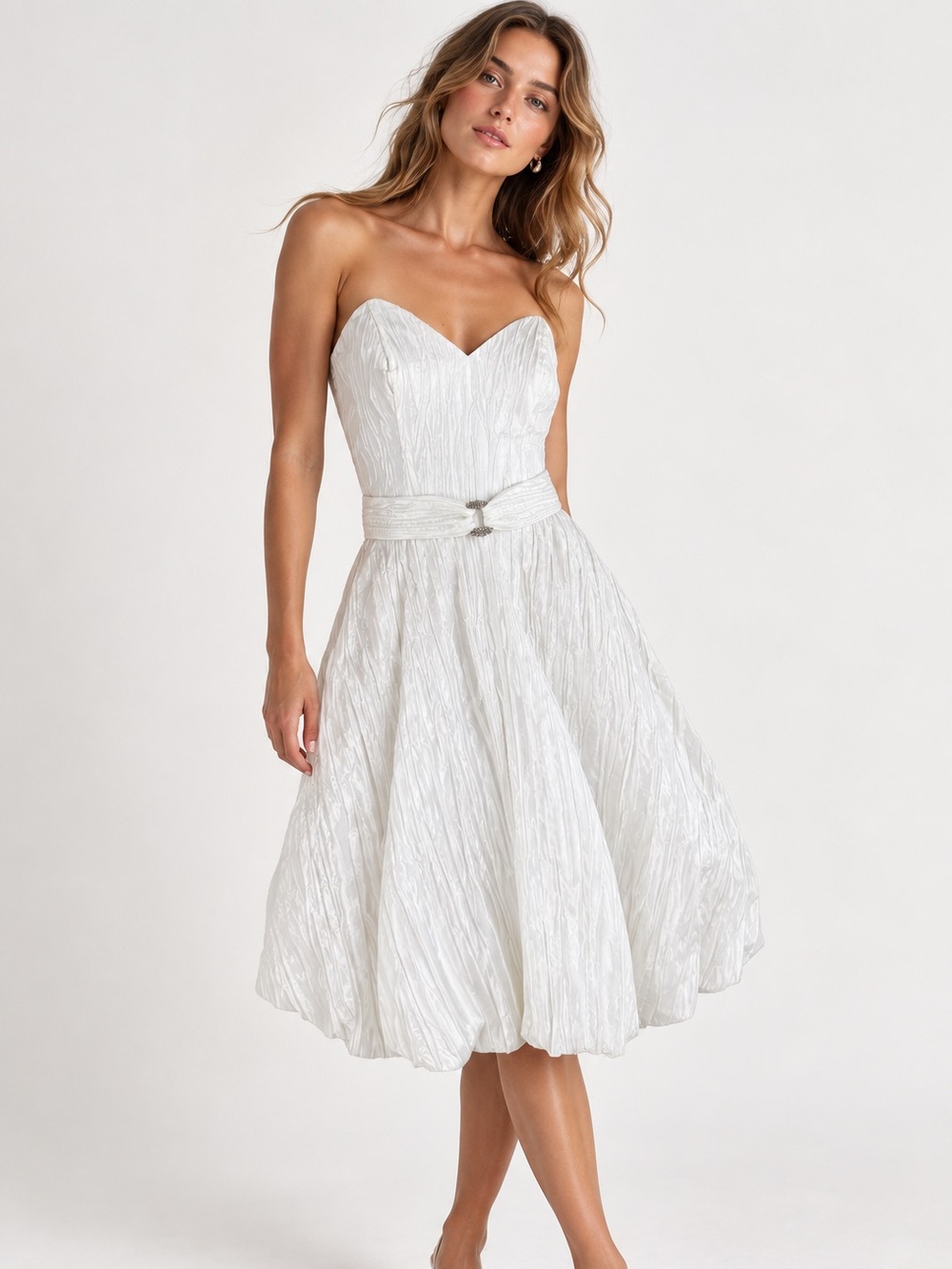 BARI JAY Strapless White Textured A-Line Dress with Belt Black Tie Prom